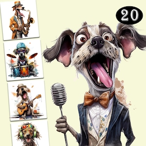 20 Clipart chien musiciens drôles mignons | Images 300 ppp de haute qualité | Utilisation commerciale | Téléchargement numérique | Journal indésirable | Créations en papier | Bricolage