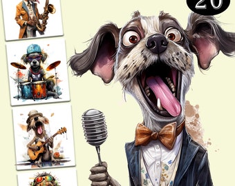 20 Cute Funny Musicians Dog Clipart | High Quality 300DPI Images | Commercial Use | Digital Download | Junk Journal | Paper Craft | DIY