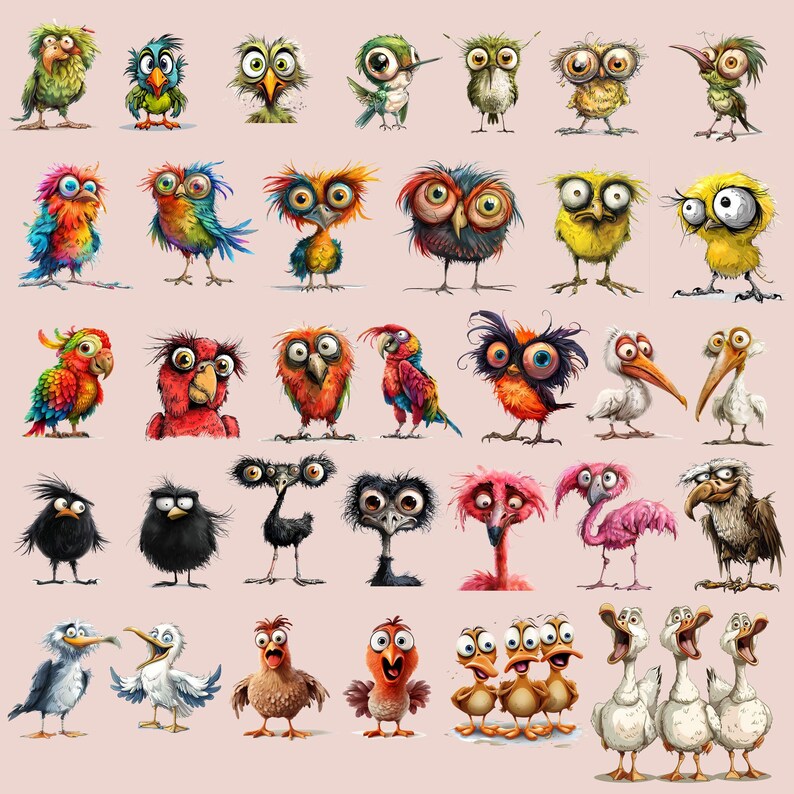 May include: A colorful illustration of various cartoon birds and animals with different expressions and poses. The illustration features a variety of colors, including red, blue, green, yellow, and black.