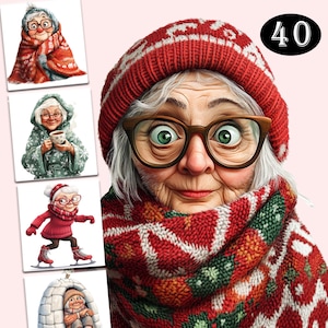 50 Funny Old Lady Clipart, Quirky Grandma PNG Bundle, Cute Elderly Women Illustrations, Cheerful Senior Graphics, Winter Grandma Sublimation
