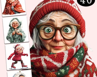 50 Funny Old Lady Clipart, Quirky Grandma PNG Bundle, Cute Elderly Women Illustrations, Cheerful Senior Graphics, Winter Grandma Sublimation