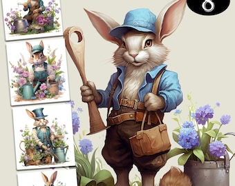 8 Cute Bunnies Garderner Clipart  - Digital Illustration Bunny Garderner- Rabbit PNG - Sublimation Commercial Use