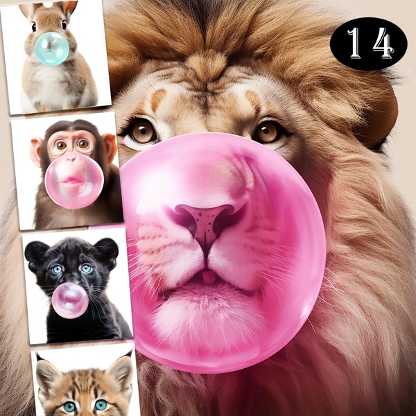 14 Watercolor Bubble Gum Animals Clipart, cute animals in PNG format instant download