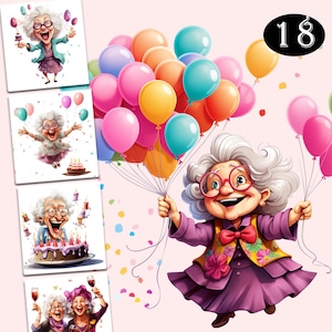 32 clipart de aniversário de velhinha peculiar, arte digital engraçada de vovó, gráficos para impressão de vovó, ilustração humorística de aniversário de formatura