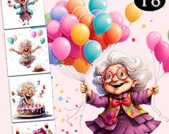 32 Quirky Old Lady Anniversary Clipart, Funny Grandma Digital Art, Nana Printable Graphics, Humorous Senior Anniversary Illustration