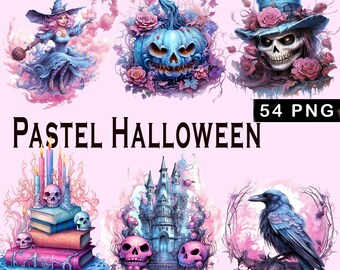 Conjunto de 54 imágenes prediseñadas de Halloween en tonos pastel: diseño de acuarela, ilustraciones PNG, uso comercial, temática gótico pastel.