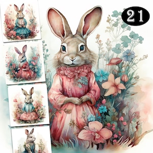 Cute Bunnies Wearing Dresses PNG, Watercolor Clipart, Cute Baby Shower Graphics, Nursery Decor Wall Art, Clipart, Farm Animal PNG