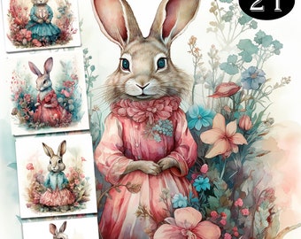 Lindos conejitos con vestidos PNG, clipart de acuarela, lindos gráficos para baby shower, decoración de pared para guardería, clipart, PNG de animales de granja