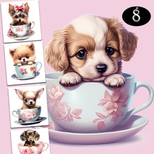 Acquerello Vintage Teacup Puppies Clipart - Download di immagini digitali PNG per cani per la creazione di cartoline, album di ritagli, diario spazzatura, artigianato con la carta