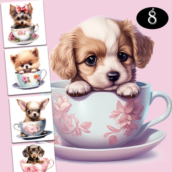 Watercolour Vintage Teacup Puppies Clipart - Dog PNG Digital Image Downloads for Card Making, Scrapbook, Junk Journal, Paper Crafts