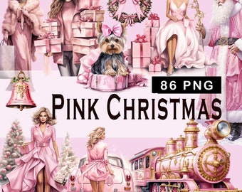 86 Watercolor Pink Christmas Clipart PNG Bundle | Pink Winter Christmas Card Clipart | Pink Christmas | Printable Digital Art