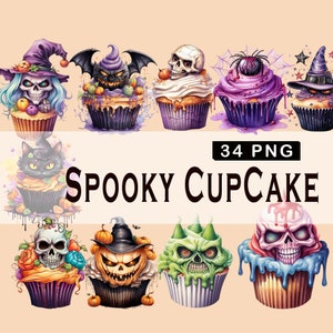 34 Aquarell Halloween Cupcake Clipart Halloween PNG digitale Bild-Downloads für die Kartenherstellung Scrapbook Junk Journal Papierhandwerk