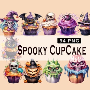 34 Watercolour Halloween Cupcake Clipart Halloween  PNG Digital Image Downloads for Card Making Scrapbook Junk Journal Paper Crafts