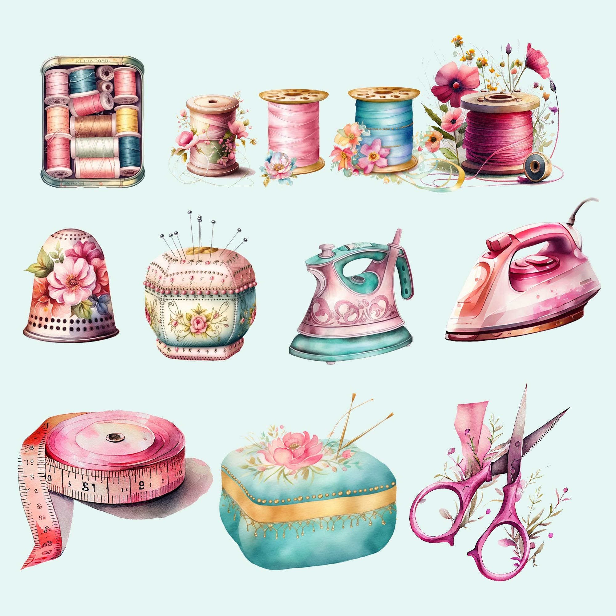 Sewing Christmas Ornaments Watercolor Sewing Clipart Quilting Clipart  Vintage Sewing Sewing Machine Ornament, image size:2000x2000