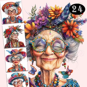 Bunte süße Oma Clipart Mode ältere Frauen Illustrationen lustige ältere Frau Sublimations Bundle digitaler Download für T-Shirts Tassen