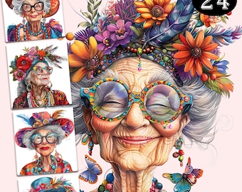 Colorful Cute Grandma Clipart Fashion Elderly Women Illustrations Funny Senior Woman Sublimation Bundle Digital Download for T Shirts Mugs