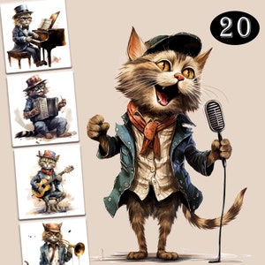 20 leuke grappige muzikanten kat clipart | Hoge kwaliteit 300DPI-afbeeldingen | Commercieel gebruik | Digitale download | Ongewenste krant | Papiermodellen | Doe-het-zelf