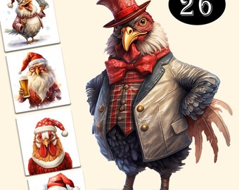 26 Funny Christmas Chicken Clipart, High Quality PNG, Digital Download, Card Making, Digital Paper Craft,Watercolor clipart - Commercial Use