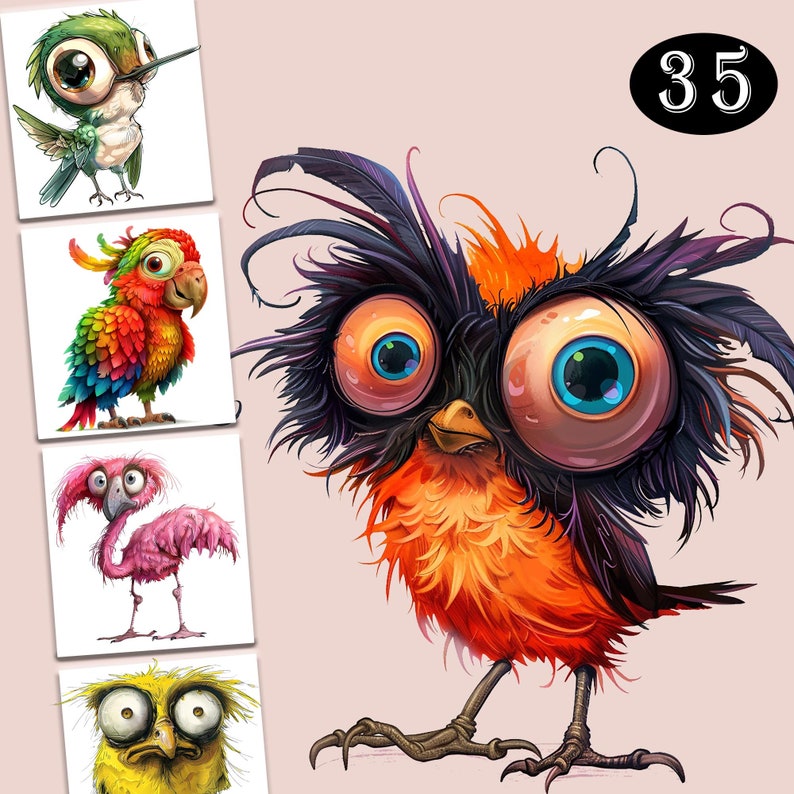 May include: A colorful illustration of four cartoon birds. The birds are a green hummingbird, a red and yellow parrot, a pink flamingo, and a brown and orange bird with large blue eyes and black feathers. The number 35 is written in a circle in the top right corner of the image.