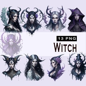 Witch Clipart PNG Set, 13 witch clipart, magic commercial use watercolor clip art, PNG white witch theme illustrations