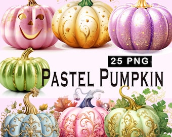 25 個のパステル調のカボチャのクリップアート、PNG カボチャ、ハロウィーンのクリップアート、コテージコアのクリップアート、印刷可能、昇華