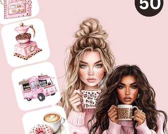 Può includere: Due donne con i capelli lunghi tengono in mano delle tazze da caffè rosa e bianche con un motivo a stampa leopardata. Le tazze sono piene di caffè. Le donne indossano maglioni rosa. Lo sfondo è di colore rosa chiaro. L'immagine include anche un camioncino del caffè rosa, un macinacaffè rosa, un bar rosa e una ciambella con glassa rosa.