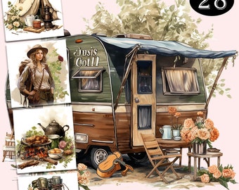 Watercolor Camping Clipart,Tent, Campfire, Lantern, Backpack, Campsite Illustrations, Graphics, Instant Download