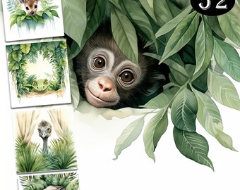 52 lindos animales bebés asomándose Clipart, Animales de safari en acuarela PNG, Clipart de animales bebés Decoración de guardería Bebé Uso comercial JPG