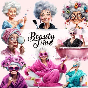 Schönheit lustige alte Damen Clipart | Lustige alte Leute | Fröhliche alte Dame | Oma | Omas | Ältere Menschen | Cartoon-Großmutter | SPA | Schminke