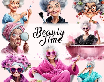 Beauty funny Old Ladies Clipart | Funny Old People | Cheerful Old Lady | Grandma | Grannies | Elderly | Cartoon Grandmother | SPA | MakeUp