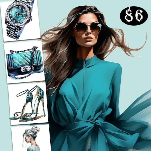 86 Fashionista Chic Girl Clipart, Watercolor Turquoise  Illustrations, Planner and Stationery Fashion Graphics, Fashion Girl Clip Art Set