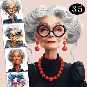 Clipart di vecchie signore eccentriche di Fashionnista / Persone anziane divertenti / Vecchie signore allegre / Nonne eleganti / Nonnine / Anziane / Nonna dei cartoni animati /