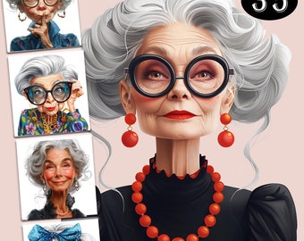 Imágenes prediseñadas de ancianas extravagantes de Fashionnista / Personas mayores divertidas / Anciana alegre / Abuela elegante / Abuelitas / Ancianos / Abuela de dibujos animados /