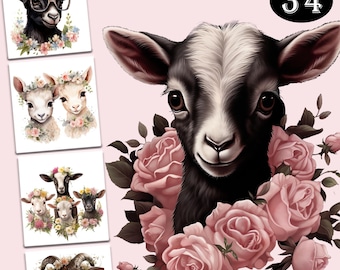 34 Floral Goat Clipart, 10 High Quality JPGs, Nursery Art, Digital Planner, Watercolor, Card Making, Journaling, Digital Download