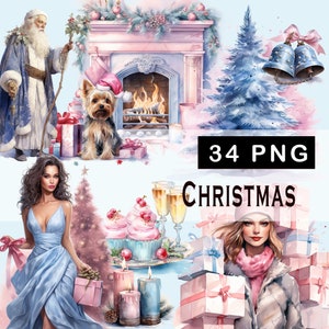 34 Watercolor soft Pink & light blue Christmas Clipart PNG Bundle | Winter Christmas Card Clipart | Printable Digital Art I Commercial Use