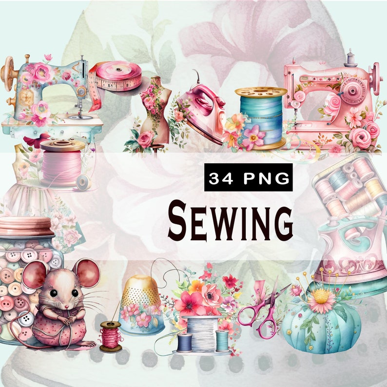 Watercolor Sewing Clipart Quilting Clipart Vintage Sewing - Etsy
