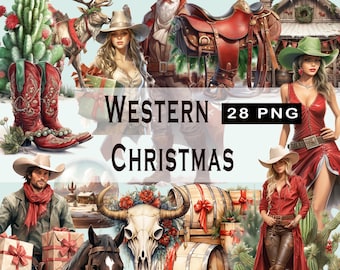 28 Western Christmas PNG Pack, watercolor clip art, Cowboy Christmas Graphics,Instant Download Decor ,Invitations  Commercial use