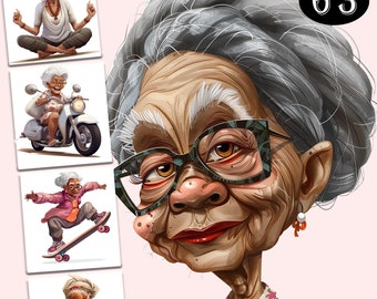 Imágenes prediseñadas de ancianas divertidas, imágenes prediseñadas de ancianos, abuela linda, paquete PNG de ancianas, personas mayores divertidas, mujeres negras
