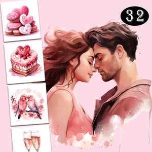 32 Valentine&#39;s Day Clipart, Pink Clipart, Watercolor Valentine, Love Clipart, Valentine&#39;S Day Png Files, Cute Heart Clipart, Couple Clipart