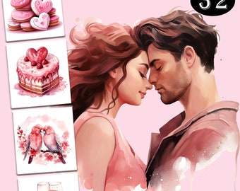 32 Valentine's Day Clipart, Pink Clipart, Watercolor Valentine, Love Clipart, Valentine'S Day Png Files, Cute Heart Clipart, Couple Clipart