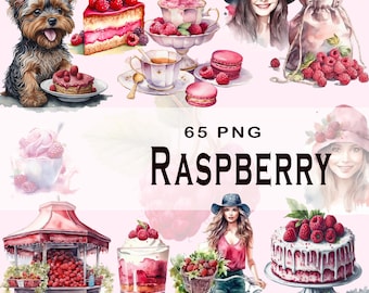 May include: A collection of 65 watercolor illustrations featuring raspberries in various settings. The illustrations include a cake, cupcakes, a dessert, a woman with a hat, a dog, a fruit stand, a bicycle, and a bag of raspberries.