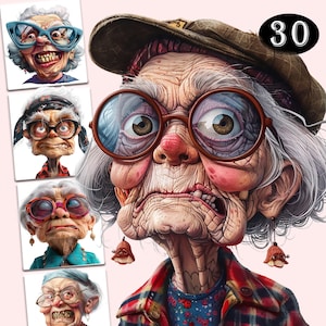 30 schrullige alte Damen Clipart | Lustige alte Leute | Fröhliche alte Dame | Oma | Omas | Ältere Menschen | Cartoon-Großmutter | Wunderlich
