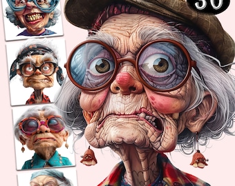 30 Quirky Old Ladies Clipart | Funny Old People | Cheerful Old Lady | Grandma | Grannies | Elderly | Cartoon Grandmother | Whimsical