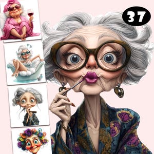 Beauté excentrique vieille dames Clipart | Personnes âgées drôles | Joyeuse vieille dame | Grand-mère | Mamies | Personnes âgées | Grand-mère de dessin animé | SPA | Maquillage
