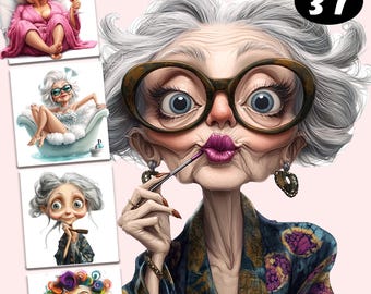 Beauty Quirky Old Ladies Clipart | Funny Old People | Cheerful Old Lady | Grandma | Grannies | Elderly | Cartoon Grandmother | SPA | MakeUp