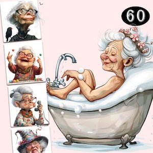 Funny Old Ladies Clipart PNG Quirky Elderly Women Illustrations Funny Senior Woman Sublimation Bundle Digital Download for T Shirts Mugs