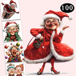 Weihnachten Oma Clipart Bundle, lustige alte Dame Clipart, süße Oma, süße Oma, süße alte Ladies fröhliche ältere Menschen, Sublimation