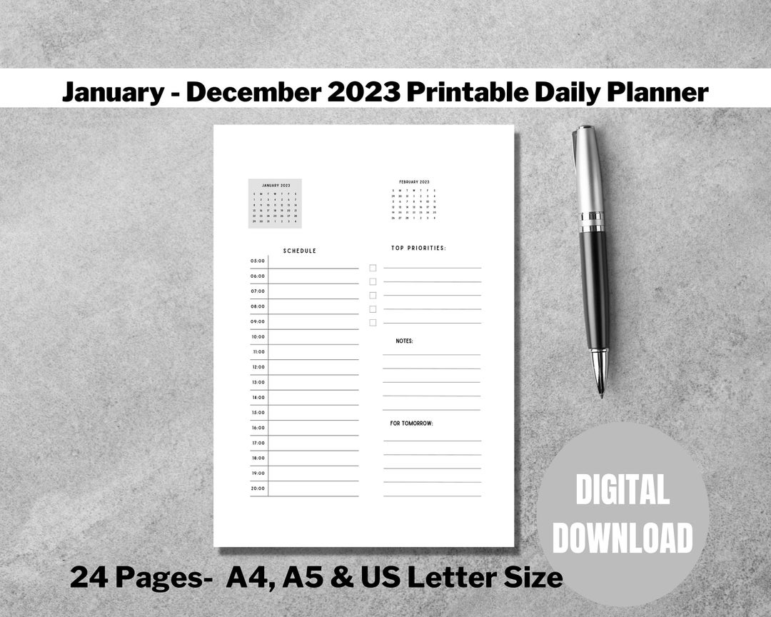 2023 Daily Planner Printable: Hourly Schedule, A4/A5/US Letter (digital
