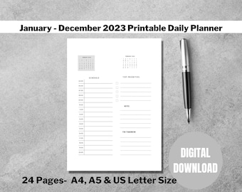 Puede incluir: Un planificador diario imprimible para enero a diciembre de 2023. El planificador tiene un diseño simple con un horario, prioridades principales, notas y una sección para las tareas de mañana. Está disponible en tamaños A4, A5 y US Letter.