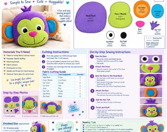 Pode incluir: Um molde de costura para uma almofada em forma de cabeça de macaco com instruções, lista de materiais e peças. O design inclui uma cabeça roxa, rosto verde-limão, orelhas laranja e azul-petróleo, nariz rosa e uma mecha de cabelo roxa.